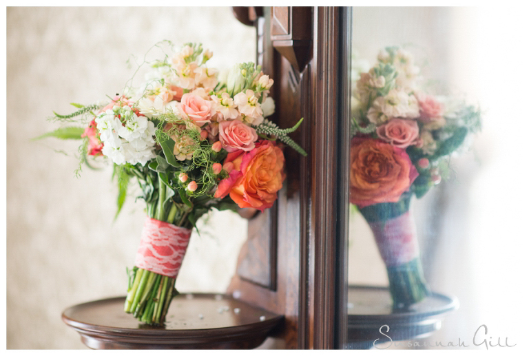 wedding flowers against antique mirror