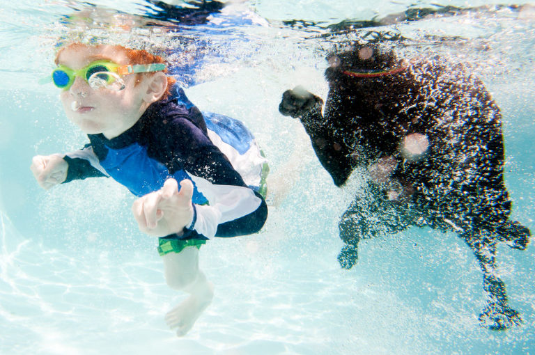 A boy and his dog swim underwater.