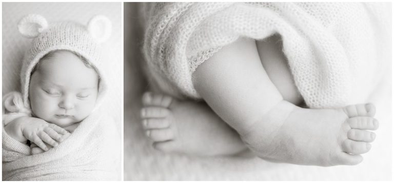 A baby girl is wrapped up during her newborn photoshoot.
