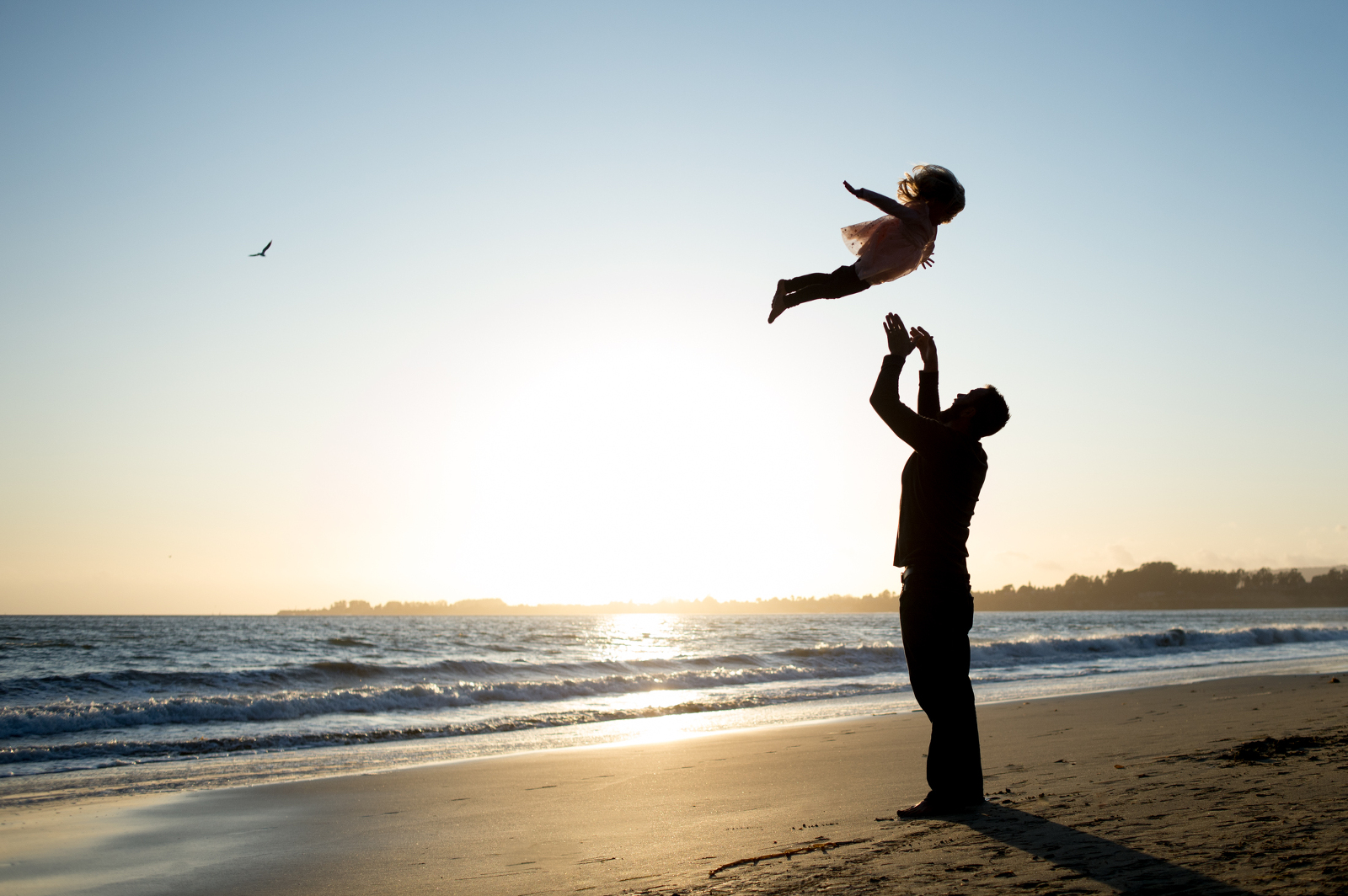 A dad thorws his little girl inot the air at the beach during sunset